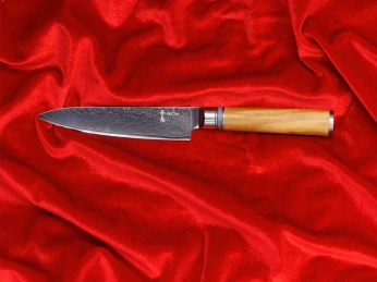 Aka Tori Engraved Damascus Steel 5" Utility Knife - Kyoto Olive