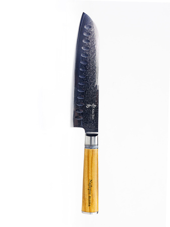 Aka Tori Engraved Damascus Steel 7" Santoku Knife - Kyoto Olive